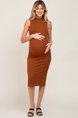 Camel Ribbed Sleeveless Mock Neck Maternity Midi Dress