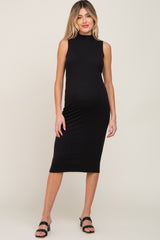 Black Ribbed Sleeveless Mock Neck Maternity Midi Dress