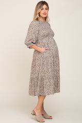 Olive Floral Smocked 3/4 Sleeve Maternity Midi Dress