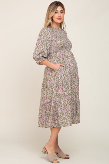 Olive Floral Smocked 3/4 Sleeve Maternity Midi Dress