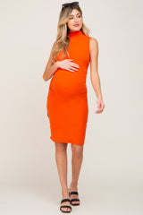 Orange Ribbed Mock Neck Ruched Sides Maternity Dress