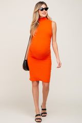 Orange Ribbed Mock Neck Ruched Sides Maternity Dress