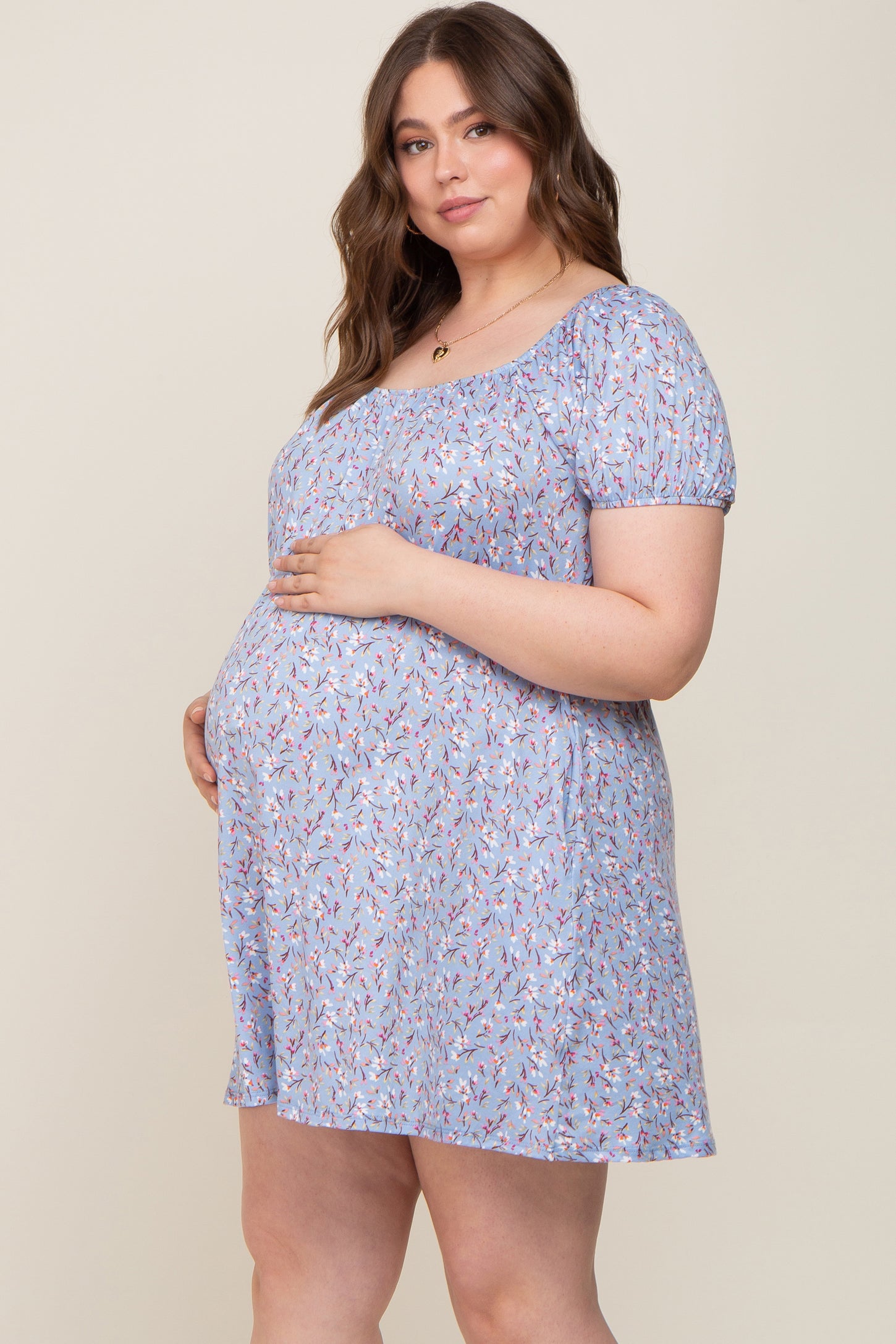Blue Floral Short Puff Sleeve Maternity Dress Blue Floral Short Puff Sleeve Maternity Dress
