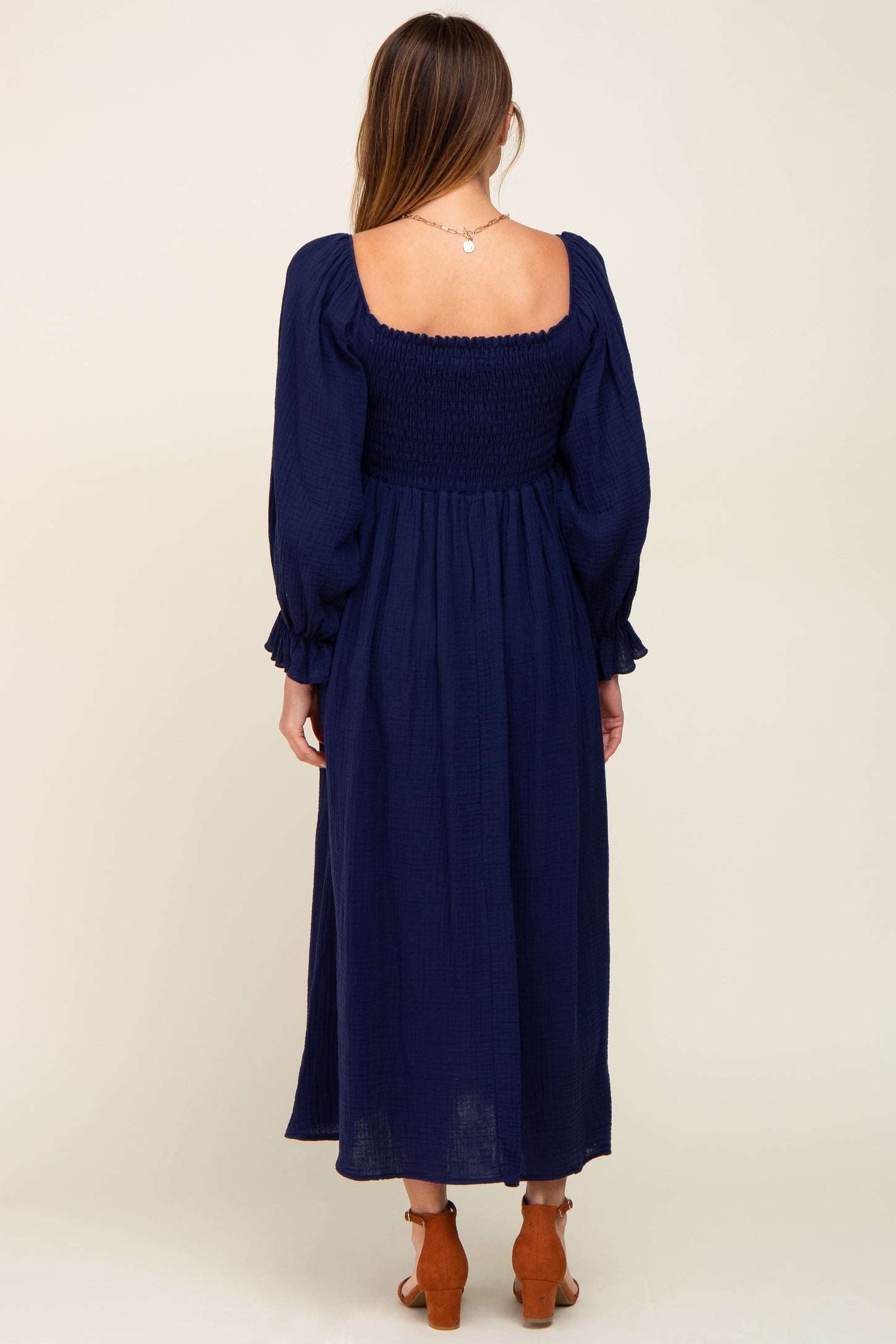 Navy Gauze Smocked Midi Dress