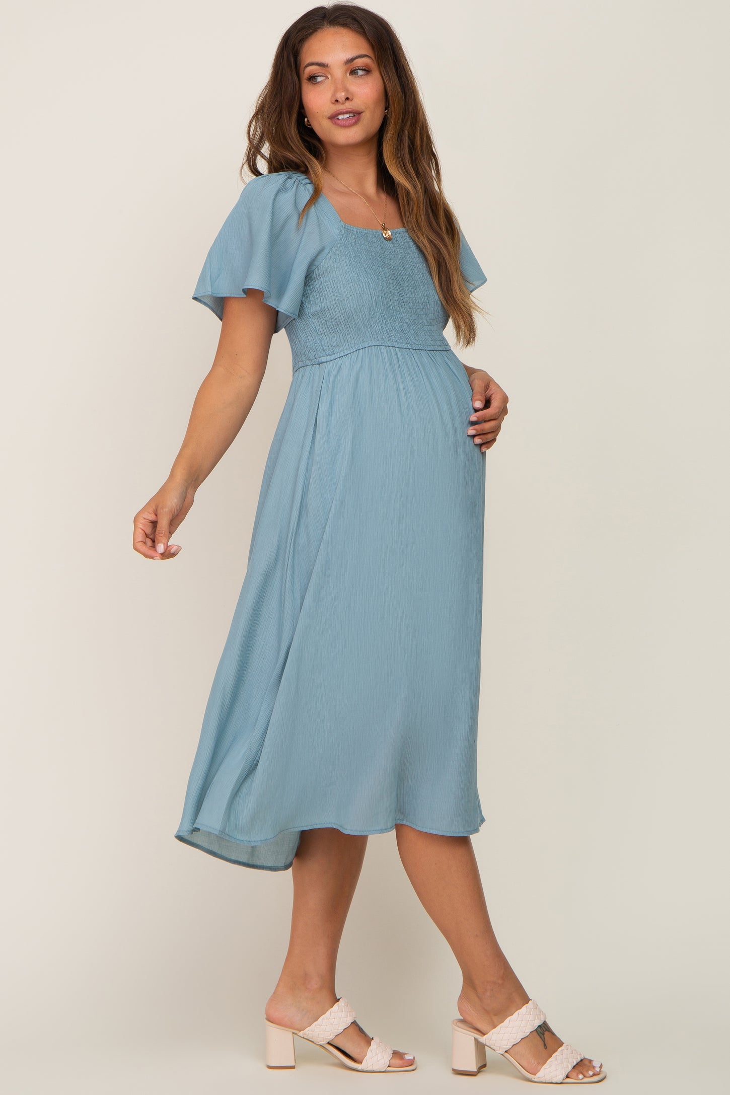 short sleeve maternity dress Light Blue Smocked Square Neck Flutter Short Sleeve Maternity Midi Dre –  PinkBlush