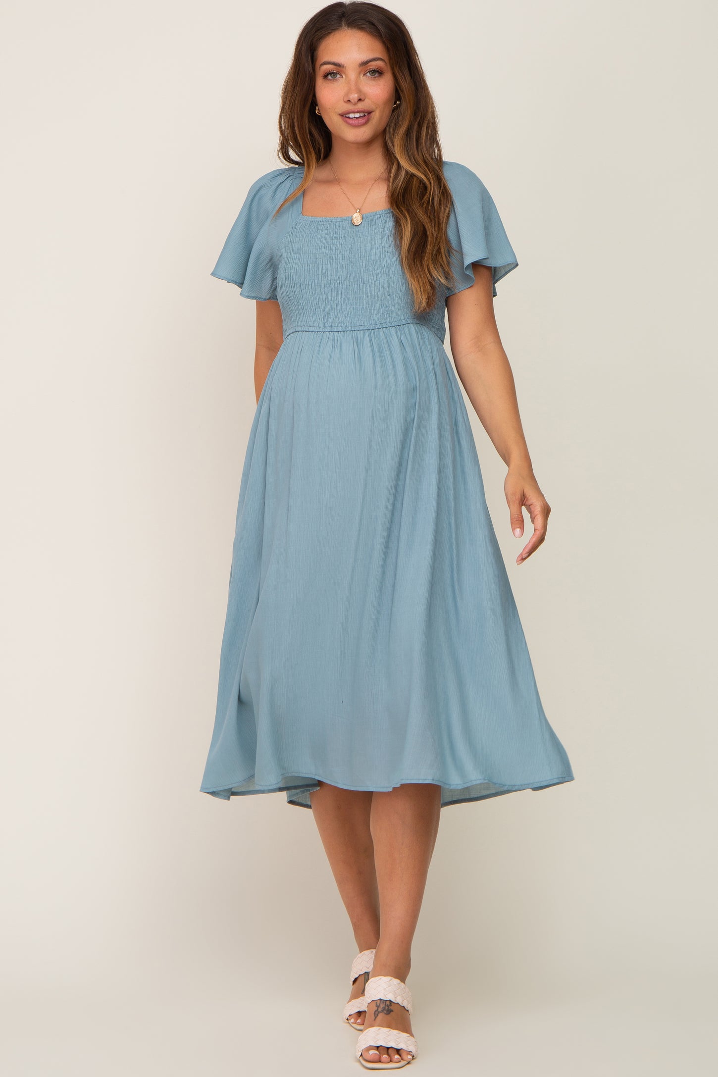 Light Blue Smocked Square Neck Flutter Short Sleeve Maternity Midi Dress Light Blue Smocked Square Neck Flutter Short Sleeve Maternity Midi Dress