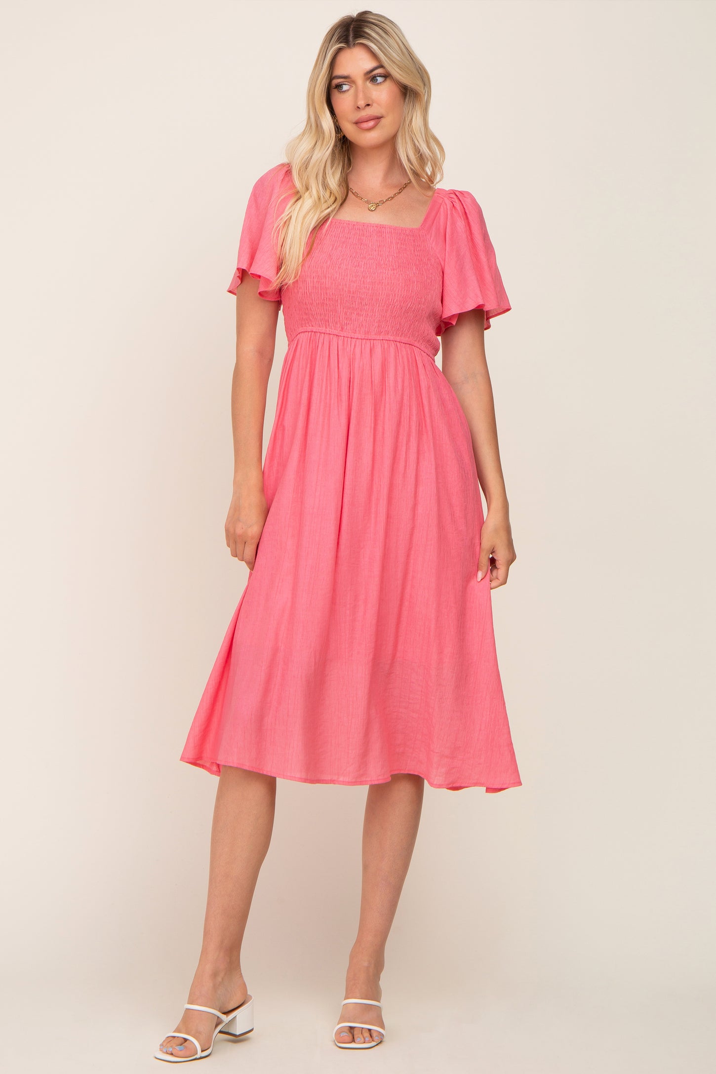Coral Smocked Square Neck Flutter Short Sleeve Maternity Midi Dress