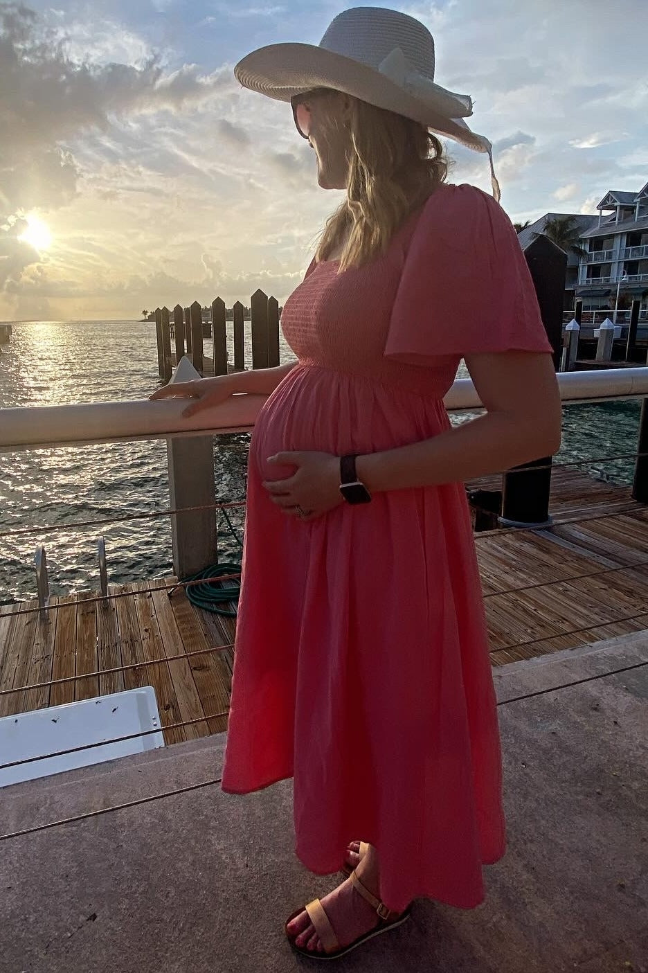 Coral Smocked Square Neck Flutter Short Sleeve Maternity Midi Dress PinkBlush Coral Smocked Square Neck Flutter Short Sleeve Maternity Midi Dress PinkBlush