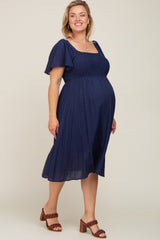 Navy Blue Smocked Square Neck Flutter Short Sleeve Maternity Plus Midi Dress