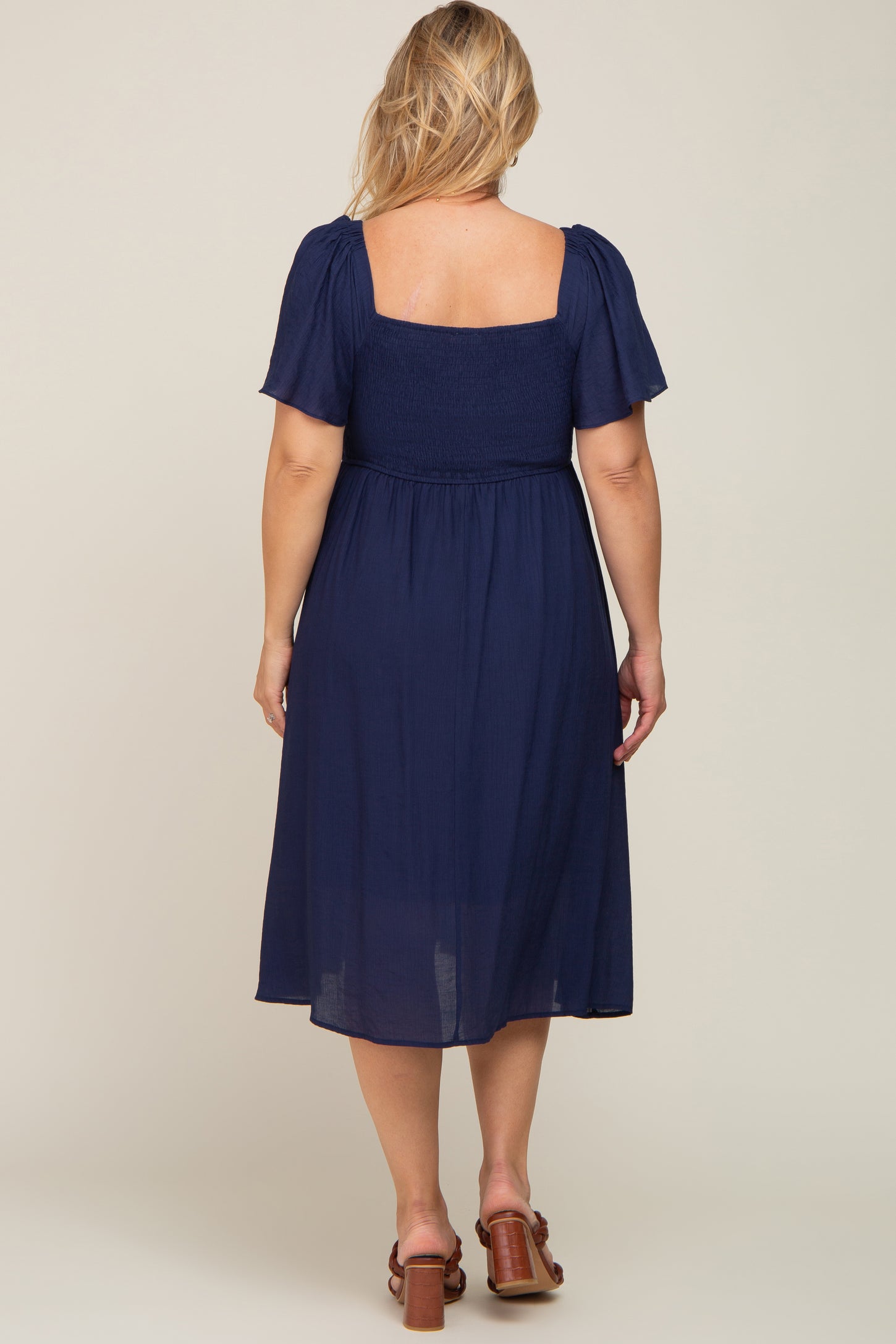 Pinkblush Navy Blue Smocked Square Neck Flutter Short Sleeve Maternity Plus Midi Dress 3X Pinkblush Navy Blue Smocked Square Neck Flutter Short Sleeve Maternity Plus Midi Dress 3X