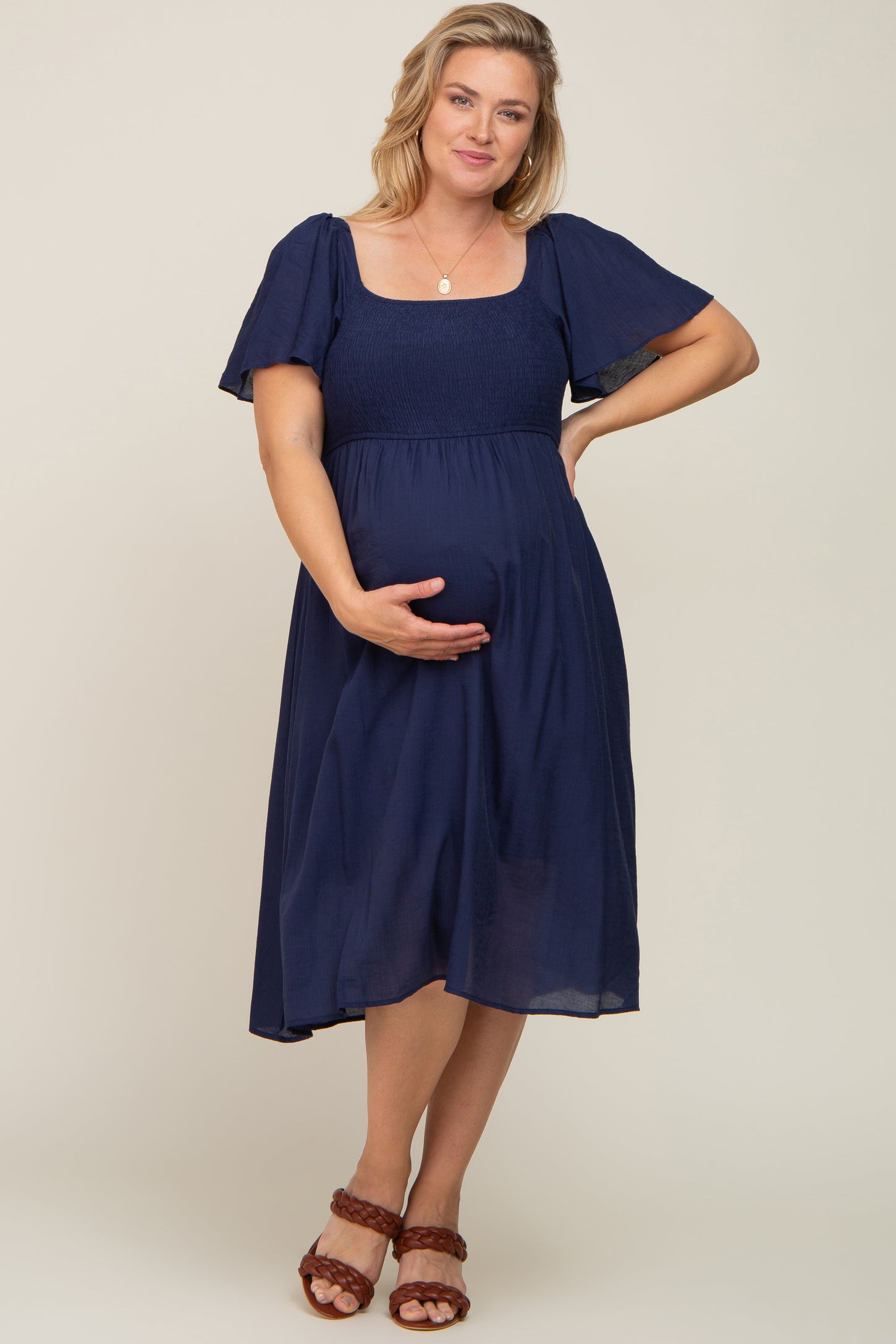 Pinkblush Navy Blue Smocked Square Neck Flutter Short Sleeve Maternity Plus Midi Dress 3X Pinkblush Navy Blue Smocked Square Neck Flutter Short Sleeve Maternity Plus Midi Dress 3X