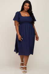 Navy Blue Smocked Square Neck Flutter Short Sleeve Maternity Plus Midi Dress