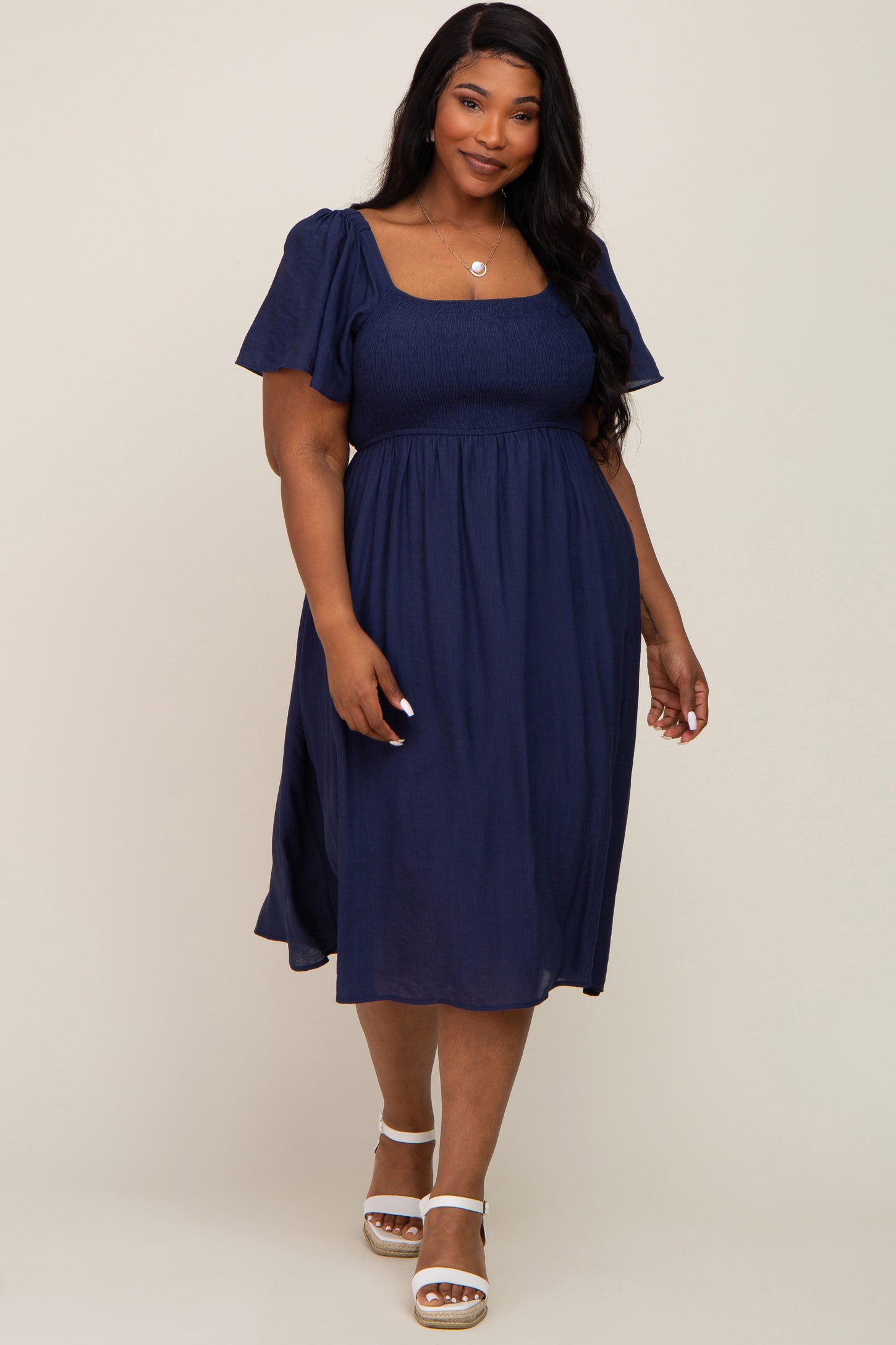 Pinkblush Navy Blue Smocked Square Neck Flutter Short Sleeve Maternity Plus Midi Dress 1X