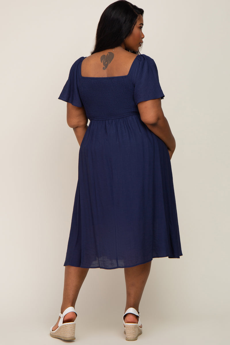 Pinkblush Navy Blue Smocked Square Neck Flutter Short Sleeve Maternity Plus Midi Dress 3X