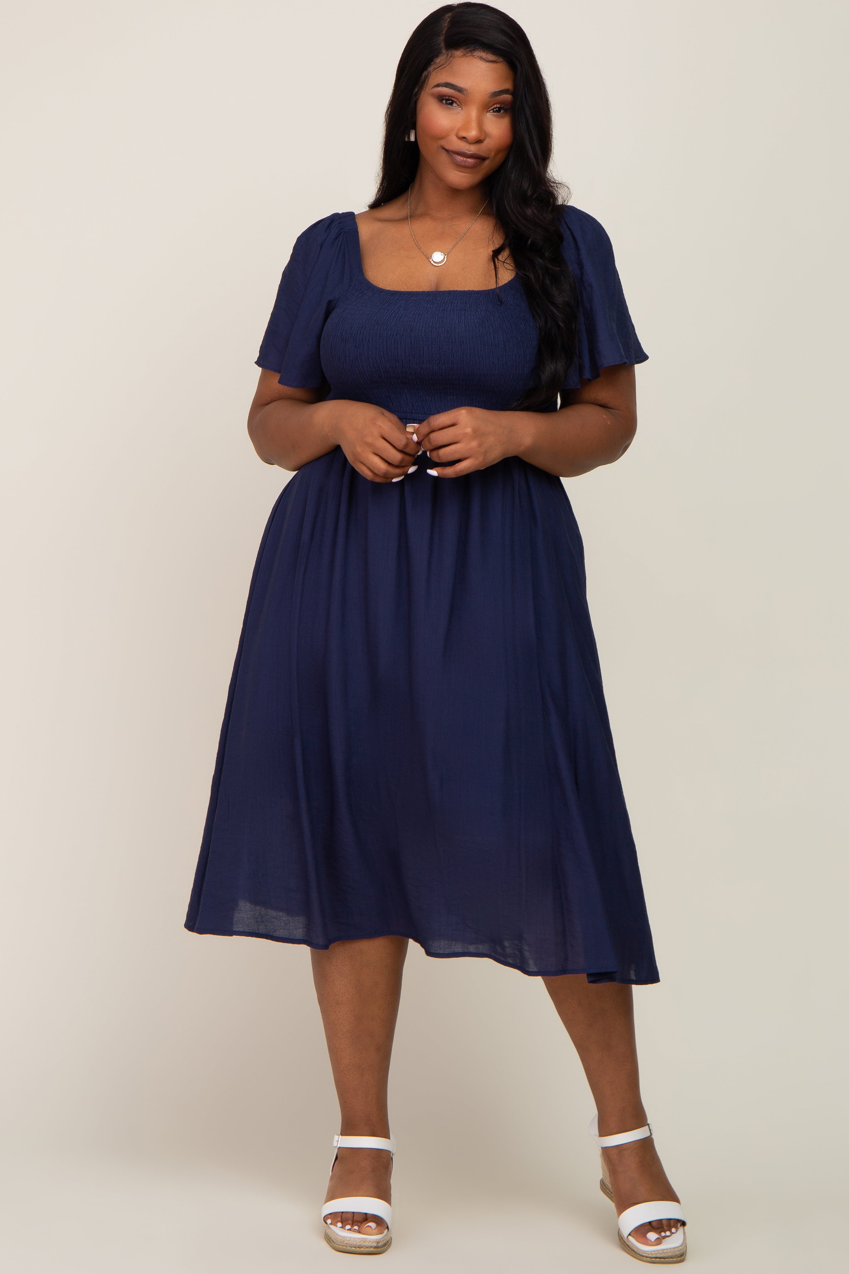 Pinkblush Navy Blue Smocked Square Neck Flutter Short Sleeve Maternity Plus Midi Dress 3X