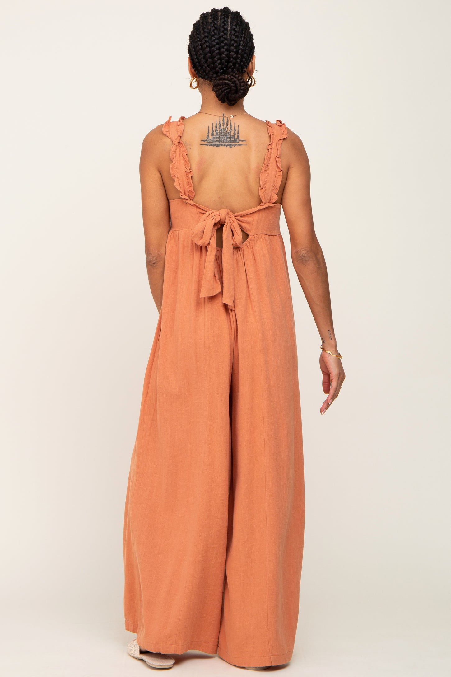 Rust Ruffle Trim Back Tie Jumpsuit