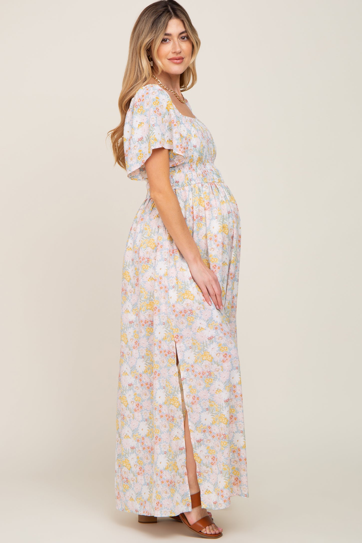 Light Blue Floral Smocked Maternity Maxi Dress