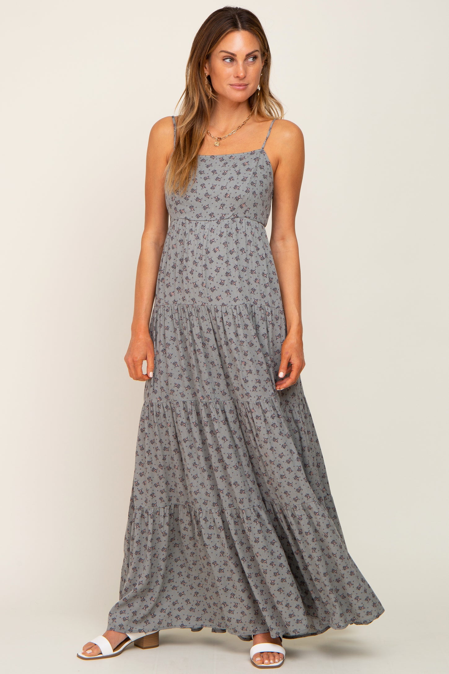 Olive Ditsy Floral Tiered Maxi Dress
