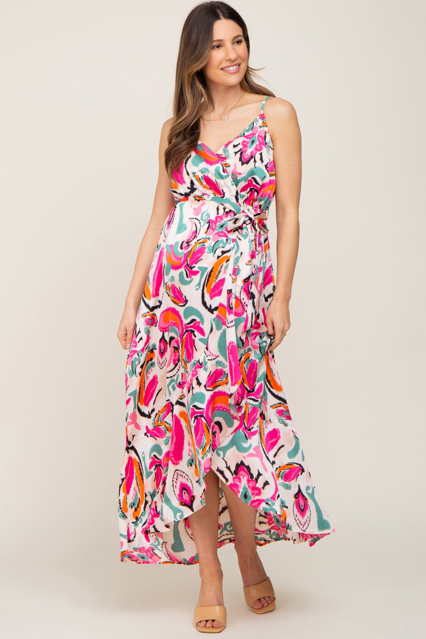 pink blush maternity wrap dress Pink Printed Flounce Maternity Wrap Dress PinkBlush