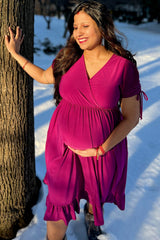 Purple Cinched Sleeve Maternity Midi Dress
