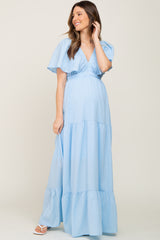 Light Blue Crepe Flounce Sleeve Tiered Maternity Maxi Dress