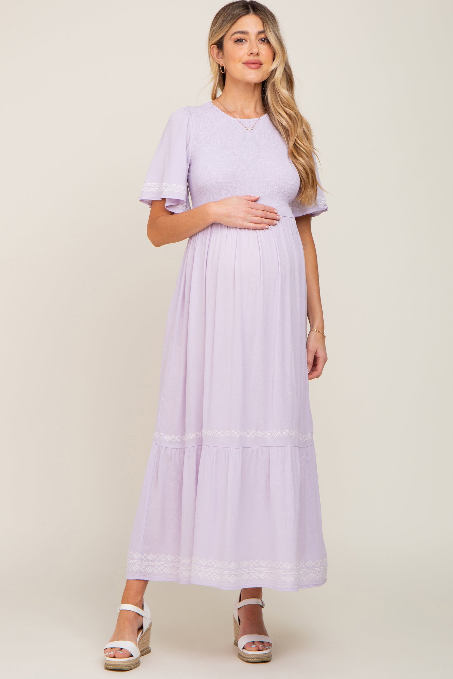 Lavender Embroidered Accent Maternity Maxi Dress PinkBlush Lavender Embroidered Accent Maternity Maxi Dress PinkBlush