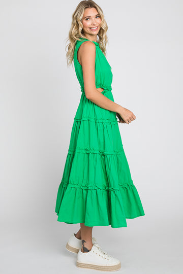 Green Tiered Ruffle Cutout Midi Dress