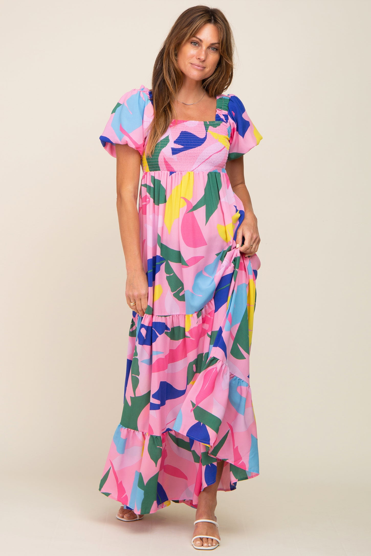 Pink Abstract Print Puff Sleeve Maternity Maxi Dress