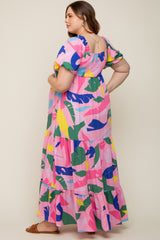Pink Abstract Print Puff Sleeve Maternity Plus Maxi Dress