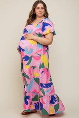 Pink Abstract Print Puff Sleeve Maternity Plus Maxi Dress