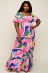 Pink Abstract Print Puff Sleeve Plus Maxi Dress