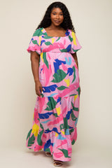 Pink Abstract Print Puff Sleeve Plus Maxi Dress