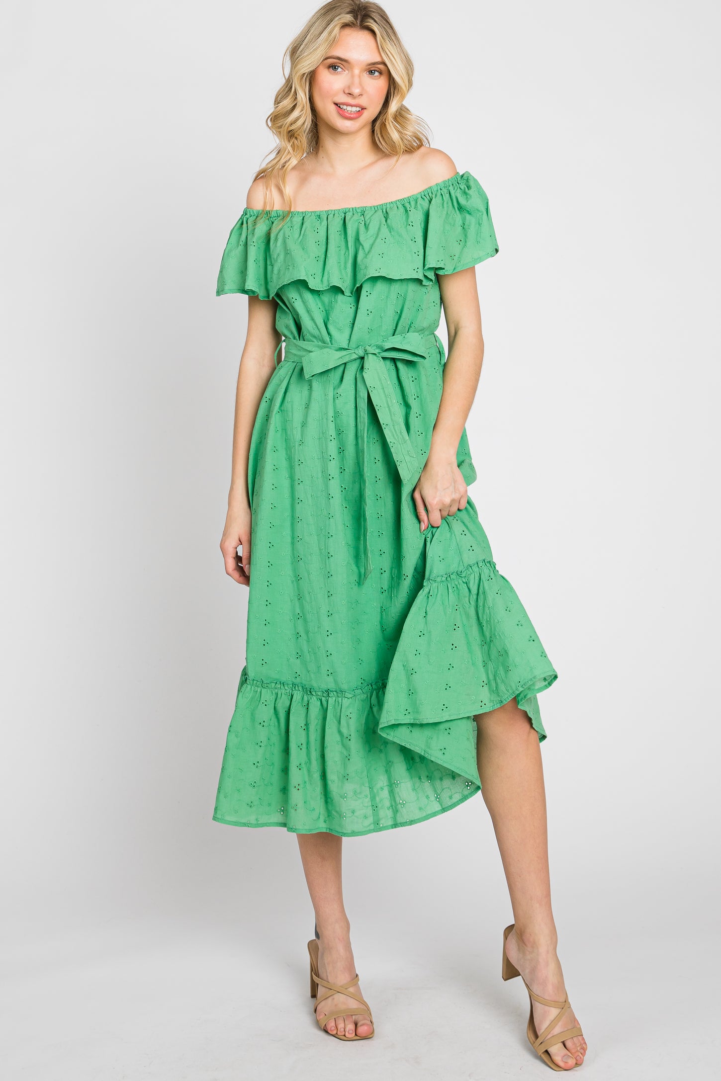 Green Eyelet Embroidered Ruffle Off Shoulder Midi Dress PinkBlush Green Eyelet Embroidered Ruffle Off Shoulder Midi Dress PinkBlush