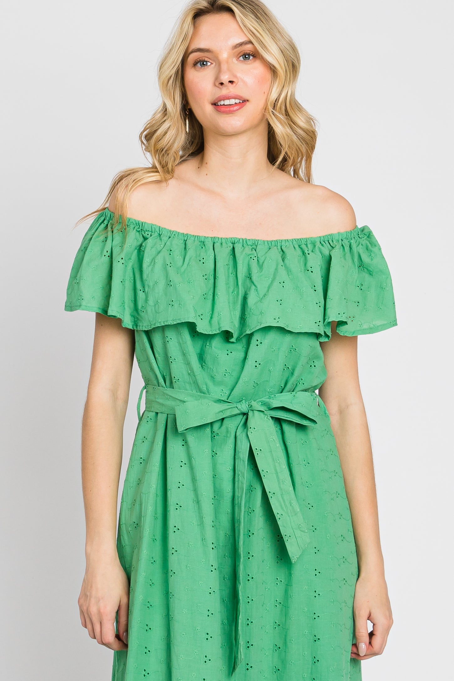Green Eyelet Embroidered Ruffle Off Shoulder Midi Dress PinkBlush Green Eyelet Embroidered Ruffle Off Shoulder Midi Dress PinkBlush