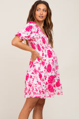 Fuchsia Floral Smocked Puff Sleeve Maternity Dress