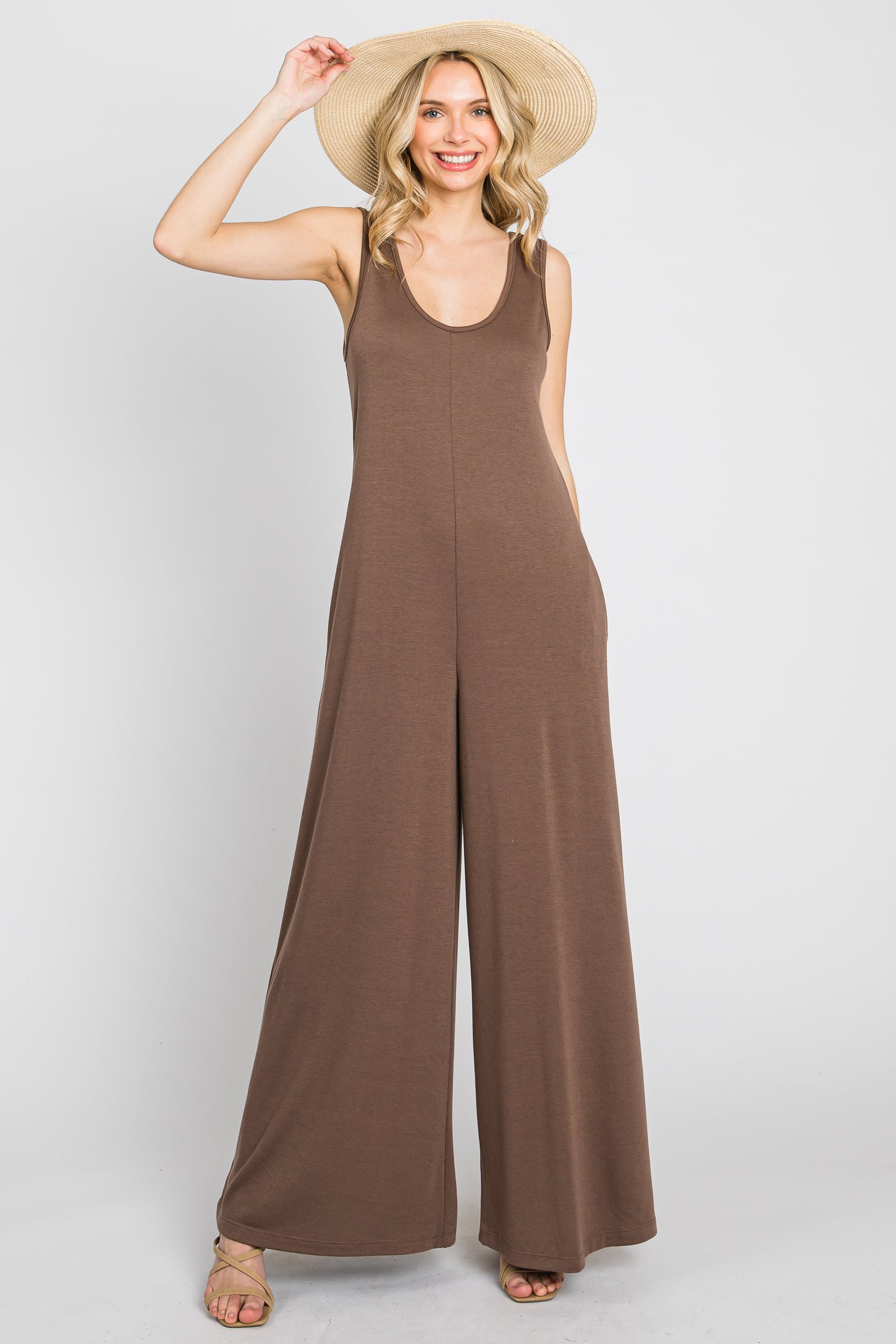 Mocha Wide Leg Sleeveless Maternity Jumpsuit