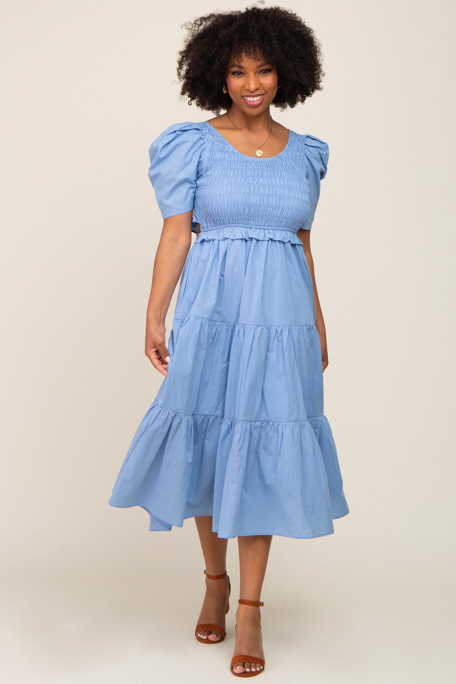 Blue Smocked Tiered Ruffle Midi Dress PinkBlush Blue Smocked Tiered Ruffle Midi Dress PinkBlush