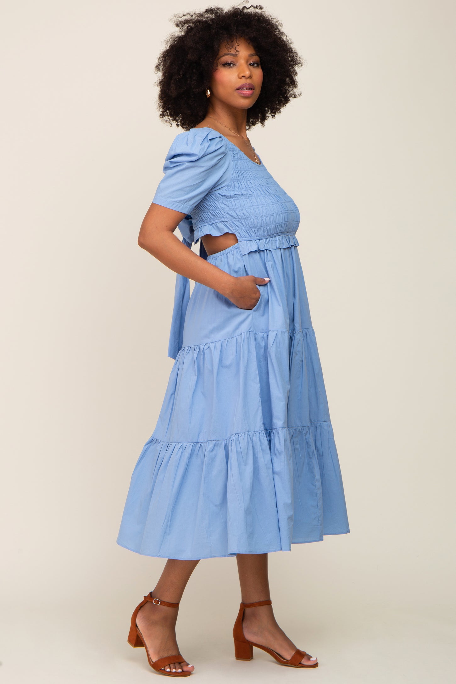 Blue Smocked Tiered Ruffle Midi Dress PinkBlush Blue Smocked Tiered Ruffle Midi Dress PinkBlush