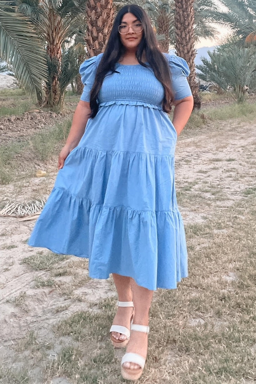 Blue Smocked Tiered Ruffle Midi Dress PinkBlush Blue Smocked Tiered Ruffle Midi Dress PinkBlush