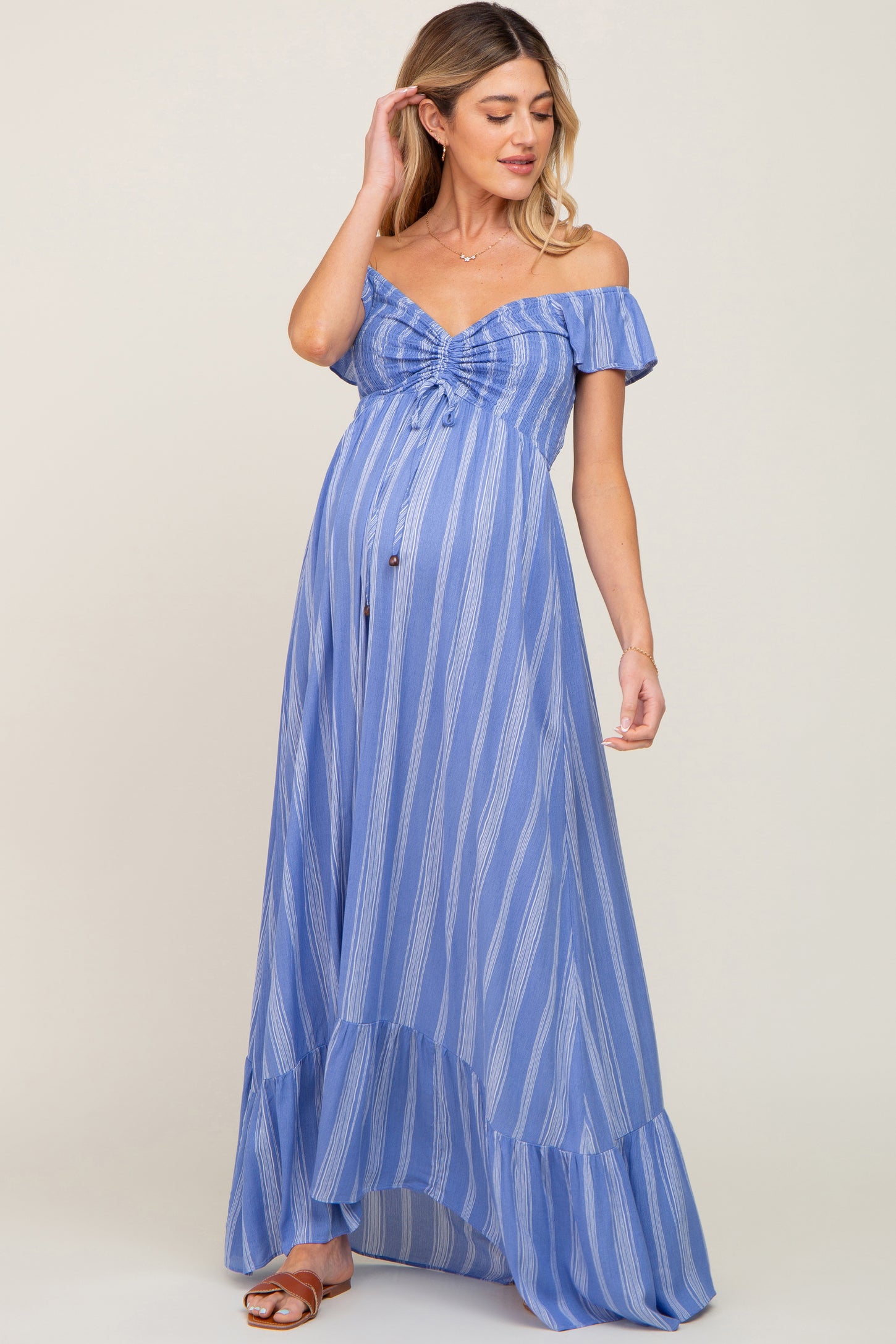Blue Striped Off Shoulder Front Tie Maternity Maxi Dress PinkBlush Blue Striped Off Shoulder Front Tie Maternity Maxi Dress PinkBlush