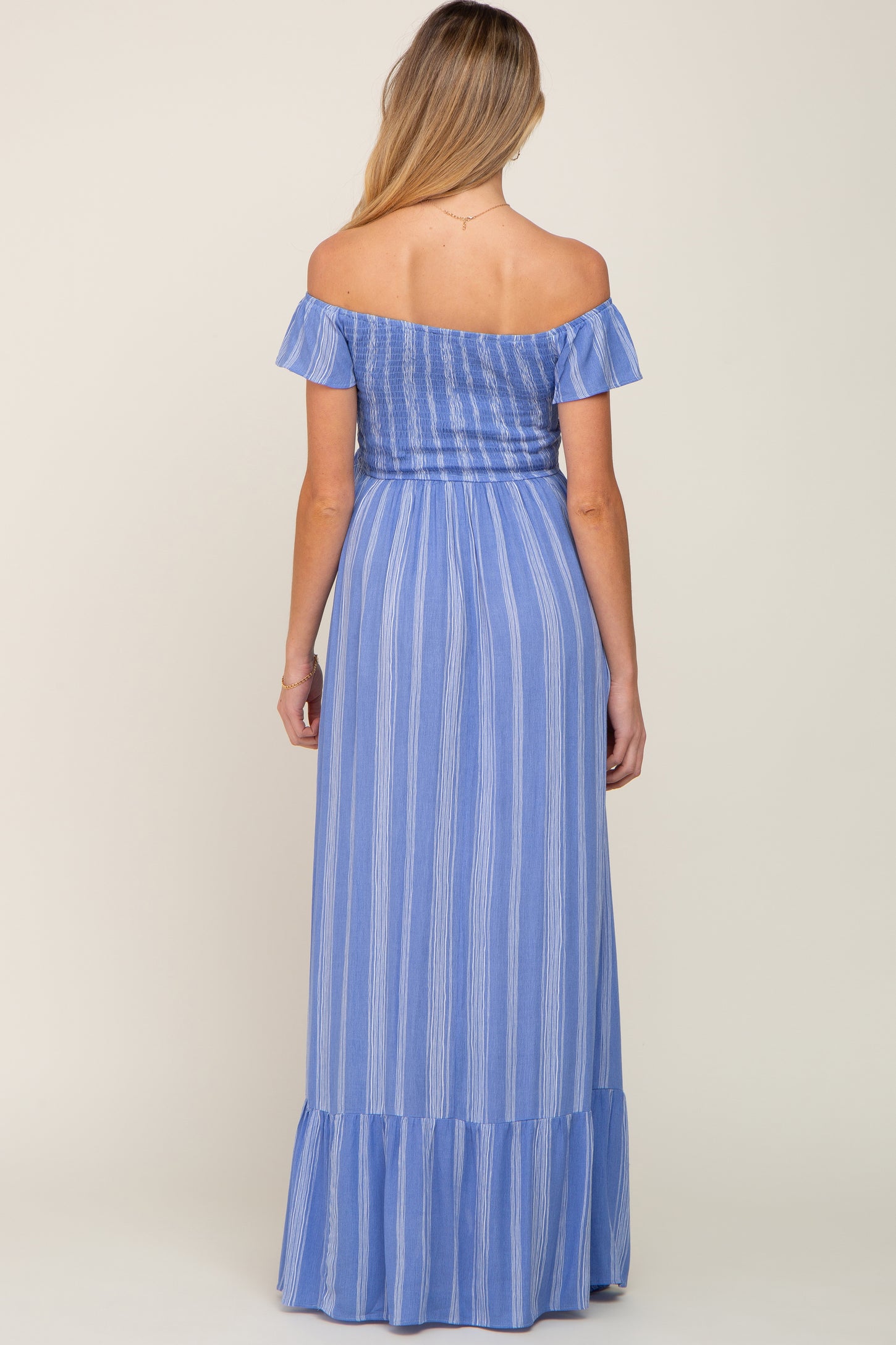 blue and white striped dress off the shoulder Blue Striped Off Shoulder Front Tie Maternity Maxi Dress Medium