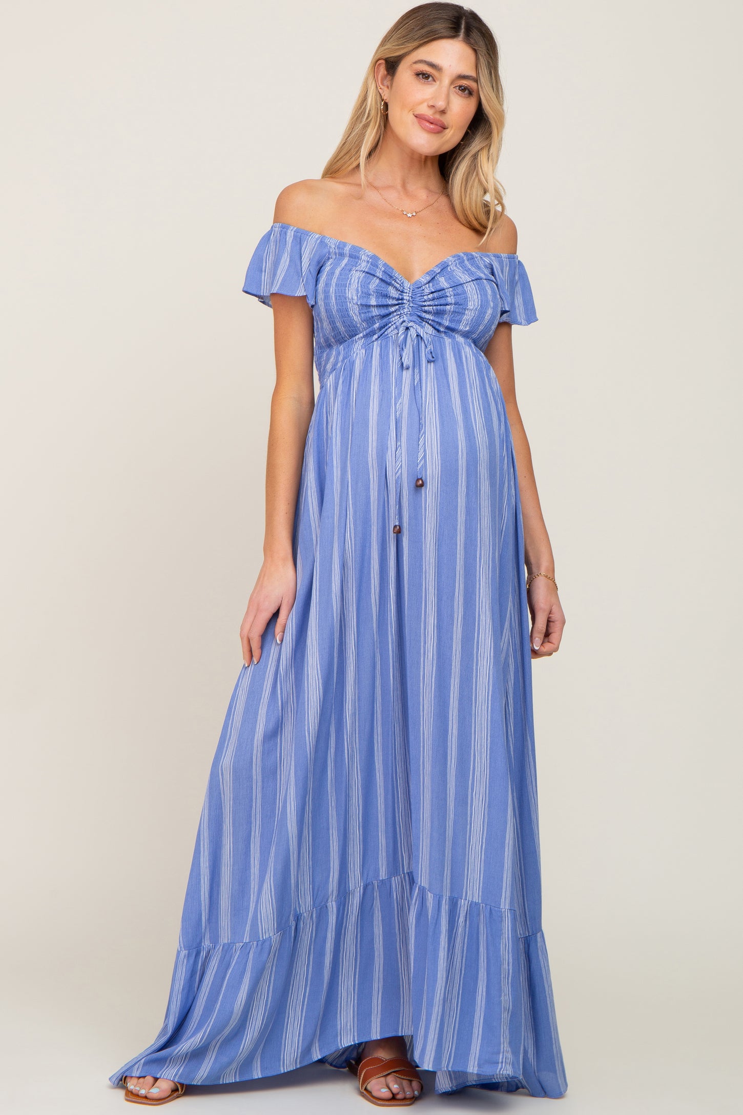 blue striped off the shoulder dress Off-the-shoulder blue and white stripe dress from Sundressing