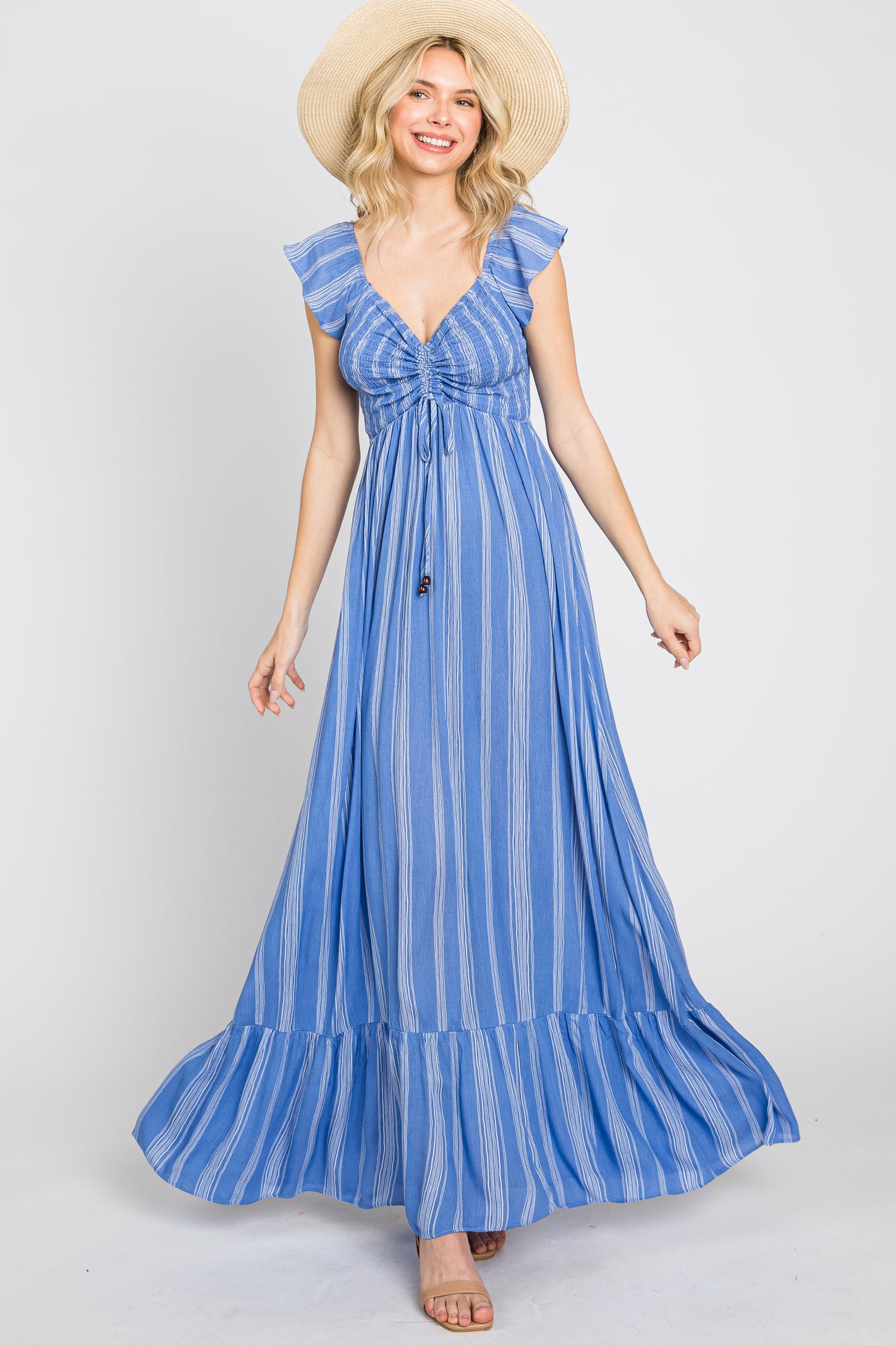 striped blue and white maxi dress Miss Circle Women's Abygail Stripe Cotton Denim Maxi Dress main image 1