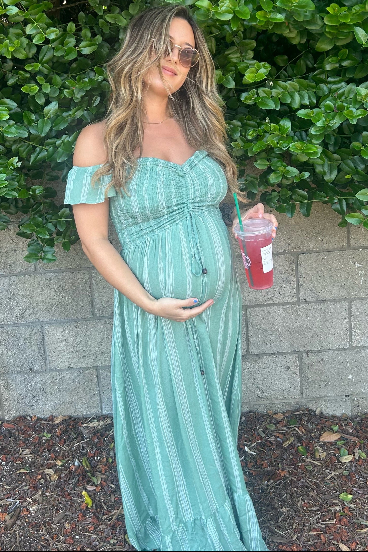 Green Striped Off Shoulder Front Tie Maternity Maxi Dress