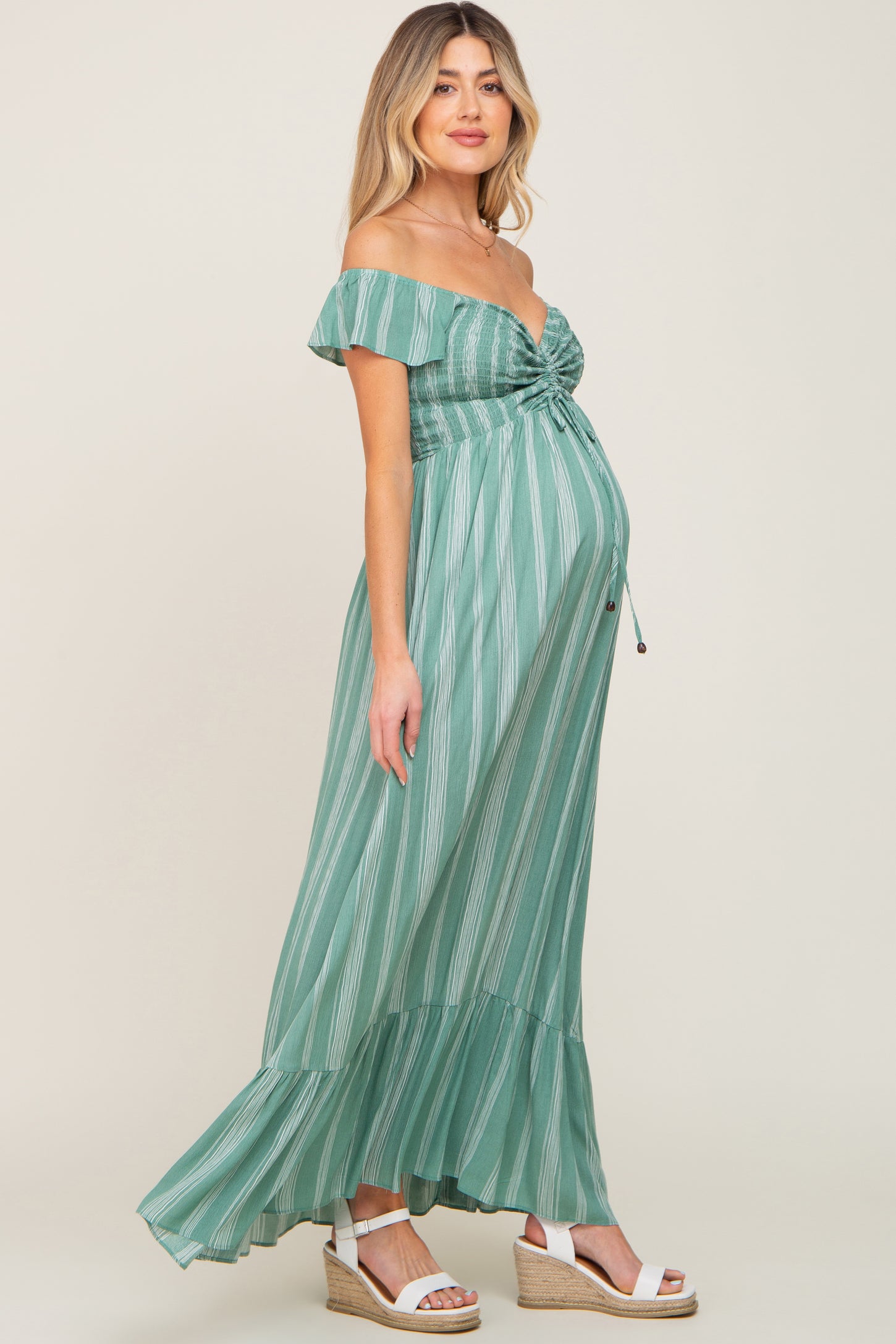 Green Striped Off Shoulder Front Tie Maternity Maxi Dress Small Green Striped Off Shoulder Front Tie Maternity Maxi Dress Small