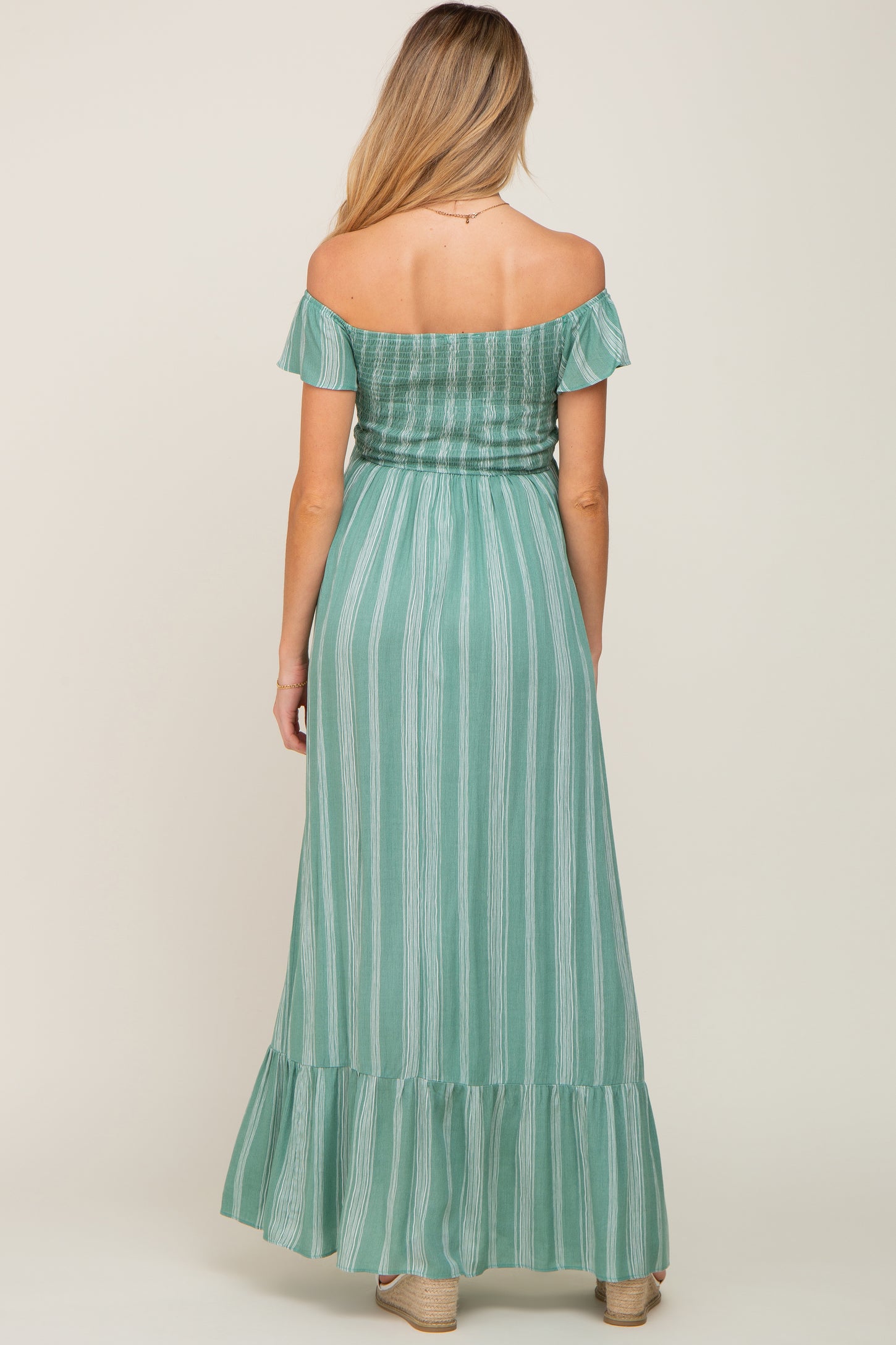 Green Striped Off Shoulder Front Tie Maternity Maxi Dress PinkBlush Green Striped Off Shoulder Front Tie Maternity Maxi Dress PinkBlush