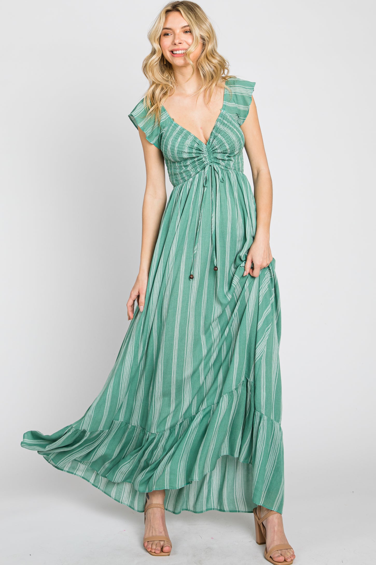 Green Striped Off Shoulder Front Tie Maxi Dress PinkBlush Green Striped Off Shoulder Front Tie Maxi Dress PinkBlush