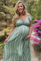 Green Striped Off Shoulder Front Tie Maternity Maxi Dress