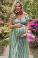 Green Striped Off Shoulder Front Tie Maternity Maxi Dress