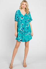Teal Tropical Floral V-Neck Short Sleeve Maternity Dress